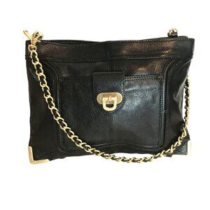 VTG Y2K Womens Black Leather Envelope Shoulder Bag With Gold Chain Strap